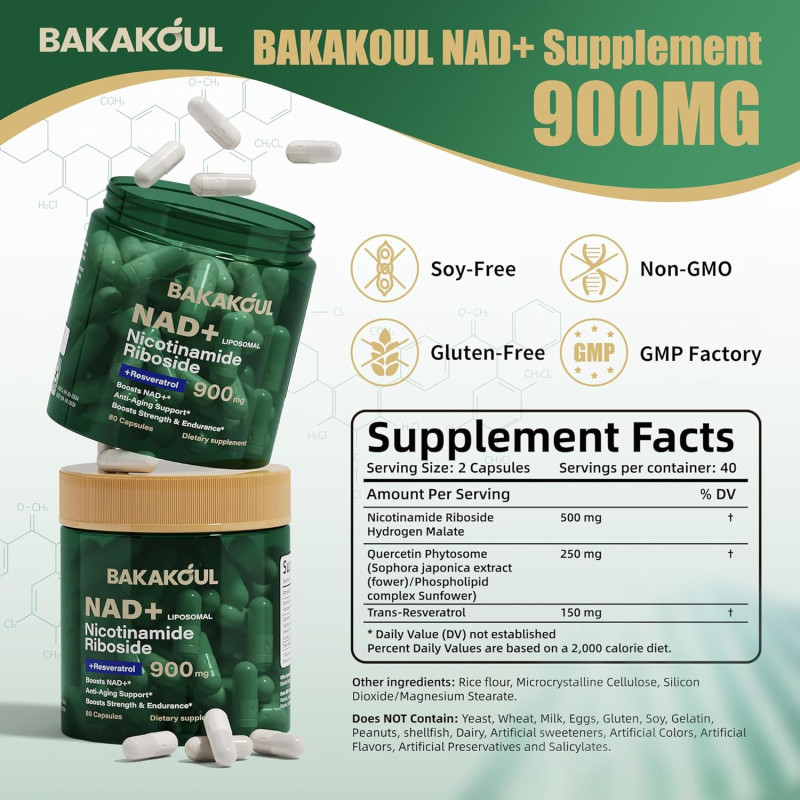 Nad+ Nicotinamide Riboside + Resveratrol 900mg Bakakóul Nad+ Nicotinamide Riboside + Resveratrol 900mg Bakakóul