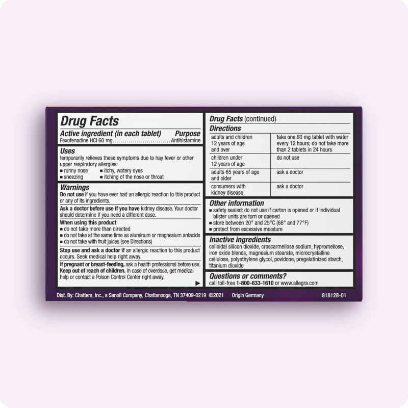 Antialérgico Allegra Fexofenadina 60mg Antialérgico Allegra Fexofenadina 60mg