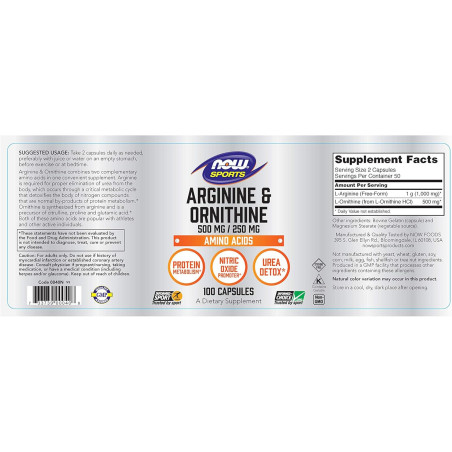 Arginina & Ornitina Now Sports 500mg/250mg 100cap