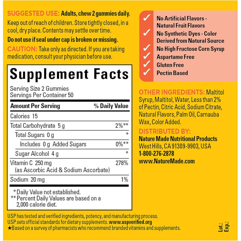 Vitamina C Zero Sugar Nature Made 250mg 100 gomitas
