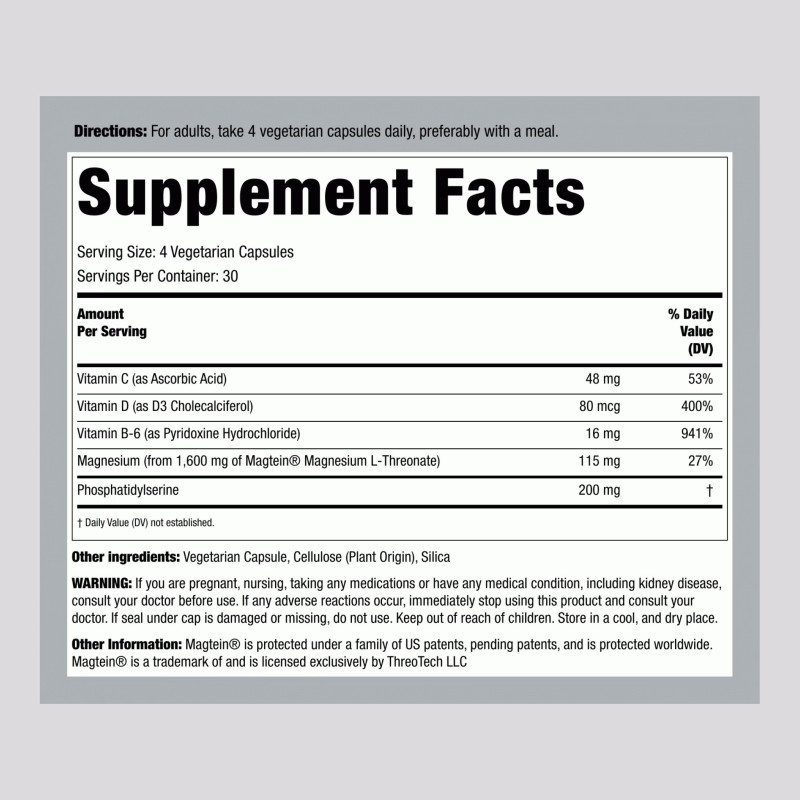 Treonato de Magnesio Piping Rock 1.600mg 120cap