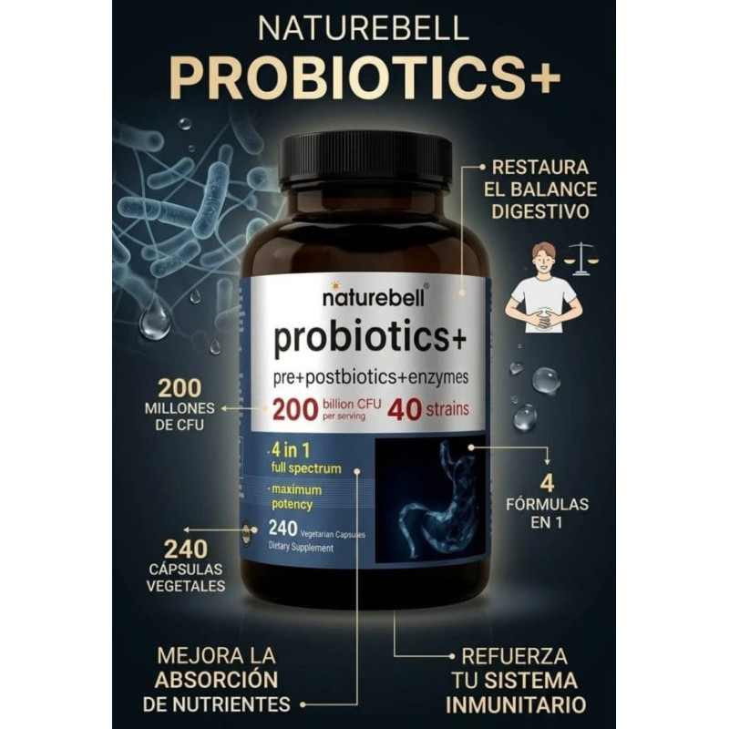 Probióticos + Prebióticos + Postbióticos + Enzimas Naturebell  200 billones 240cap